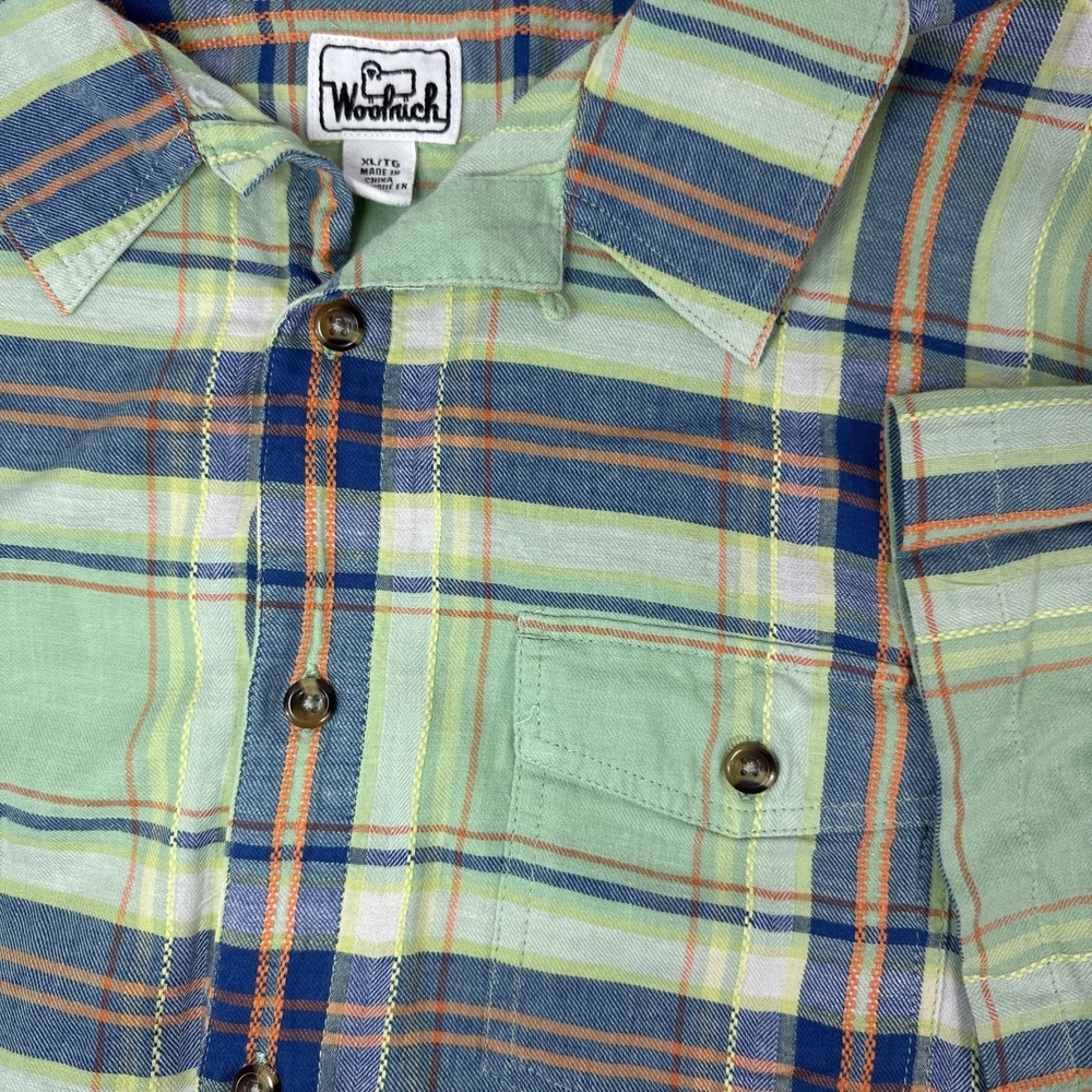 Woolrich Shirt Mens XL Green‎ Plaid Short Sleeve Button Up Cotton/Linen Loop